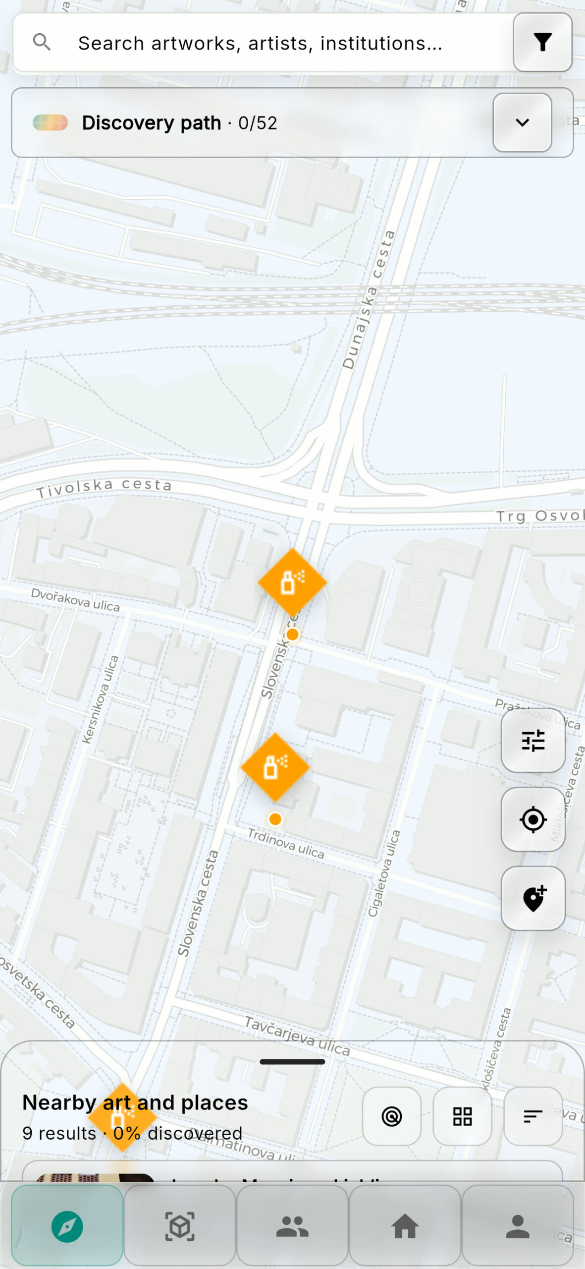 The art.kubus app on a phone: artwork markers over the Ljubljana street map, a Discovery path counter reading 0 of 52, and a nearby-art panel listing nine results.