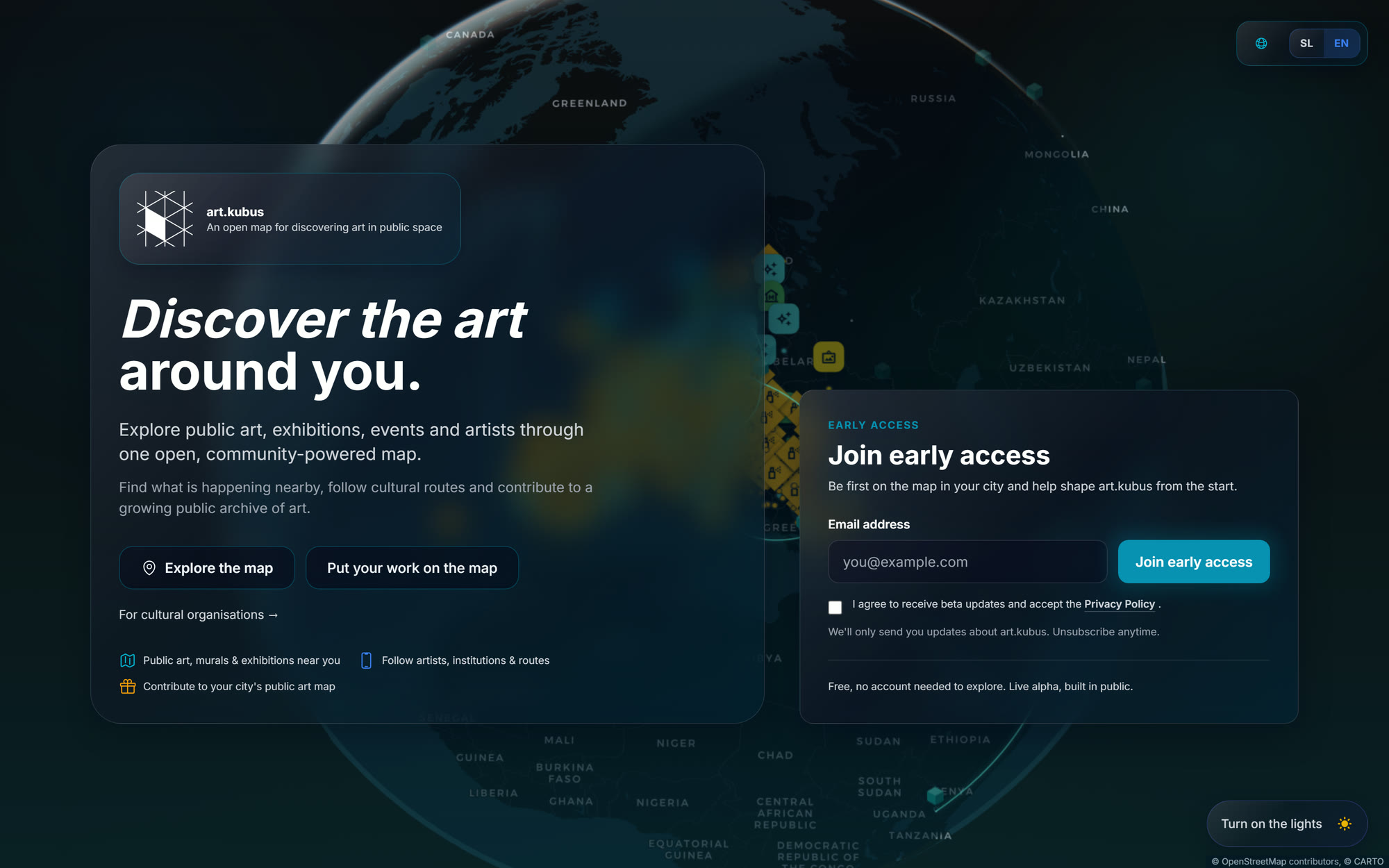 The art.kubus landing view: a dark globe carrying clustered art markers, with the platform description and an early-access panel over it.
