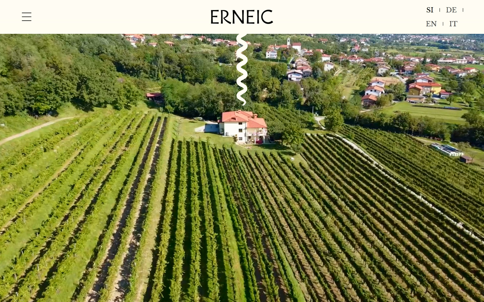 The Erneic home page: an aerial film of the vineyard and family house, the wordmark centred above it and the four language switches at the top right.