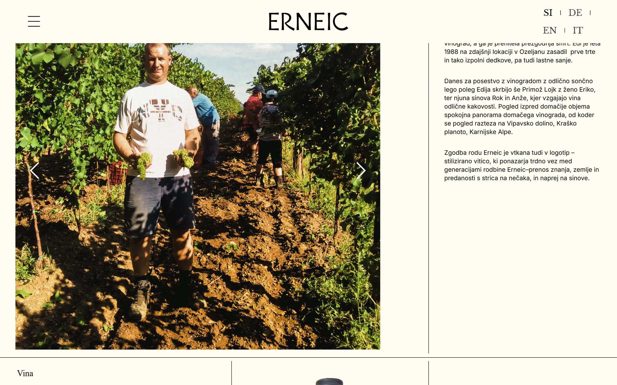 The Erneic story section: a square harvest photograph beside a long column of Slovene text about the family and the vineyard.
