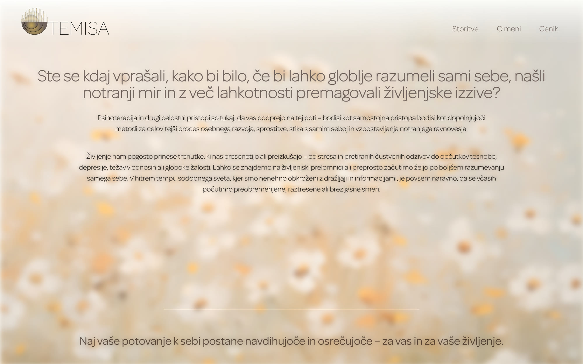 The Temisa home page: the wordmark and navigation over a soft meadow field, with the opening question set in light grey display type.